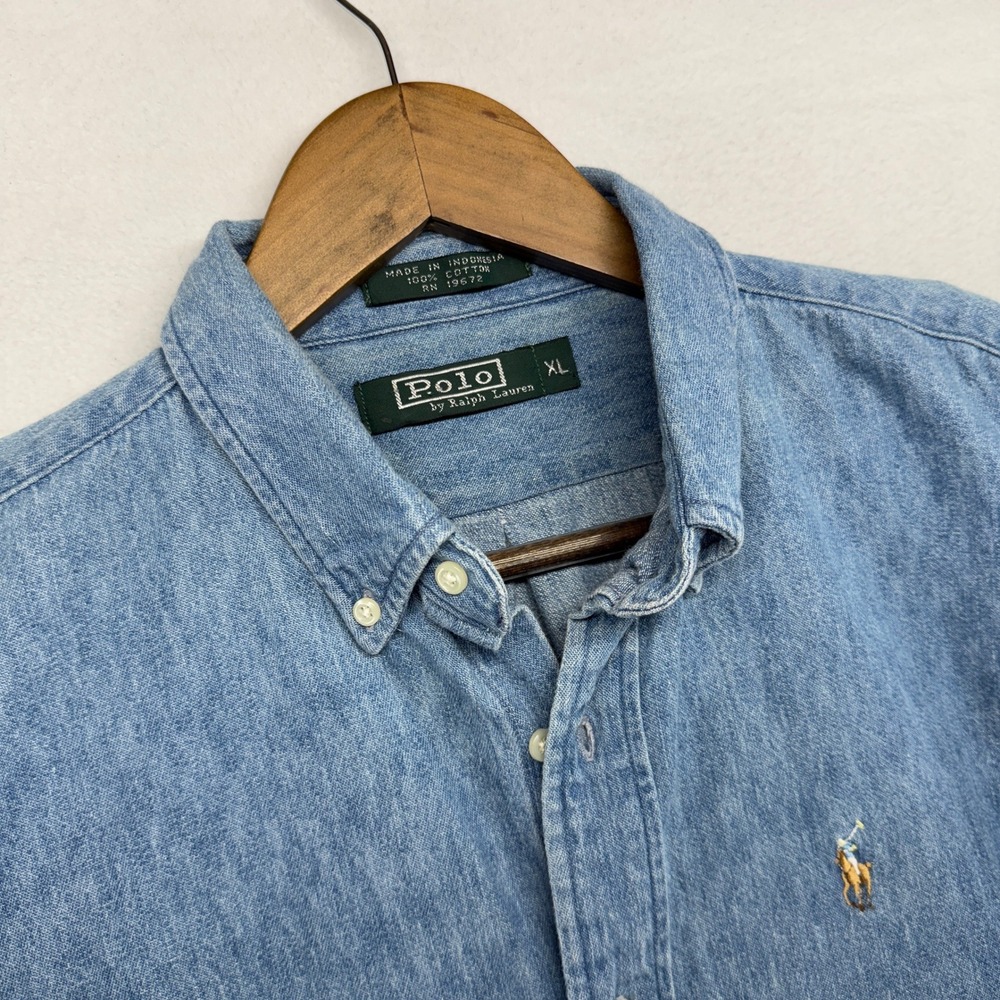 Vintage Ralph Lauren Denim Shirt Boys XL Embroidered Button Down Tan Pony 90s
